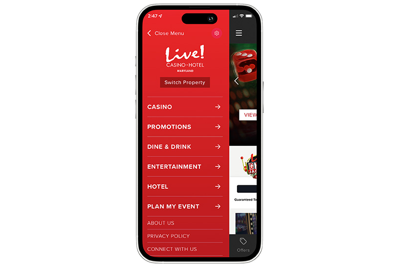 Image of an iPhone with the Live! Rewards Mobile App displayed on it